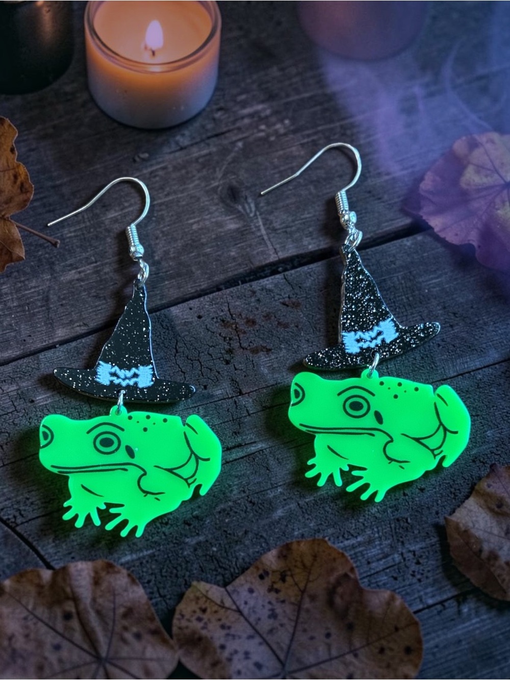 Halloween Black Hat Frog Dangle Earrings